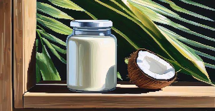 A jar of coconut oil on a wooden shelf with fresh coconuts and tropical leaves, illuminated by soft natural light.