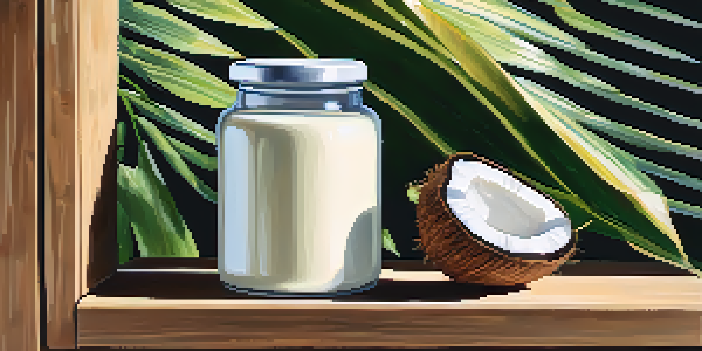 A jar of coconut oil on a wooden shelf with fresh coconuts and tropical leaves, illuminated by soft natural light.