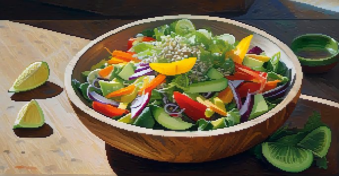 A colorful fresh veggie salad in a wooden bowl, showcasing leafy greens, bell peppers, carrots, cucumbers, and avocado slices, illuminated by sunlight.