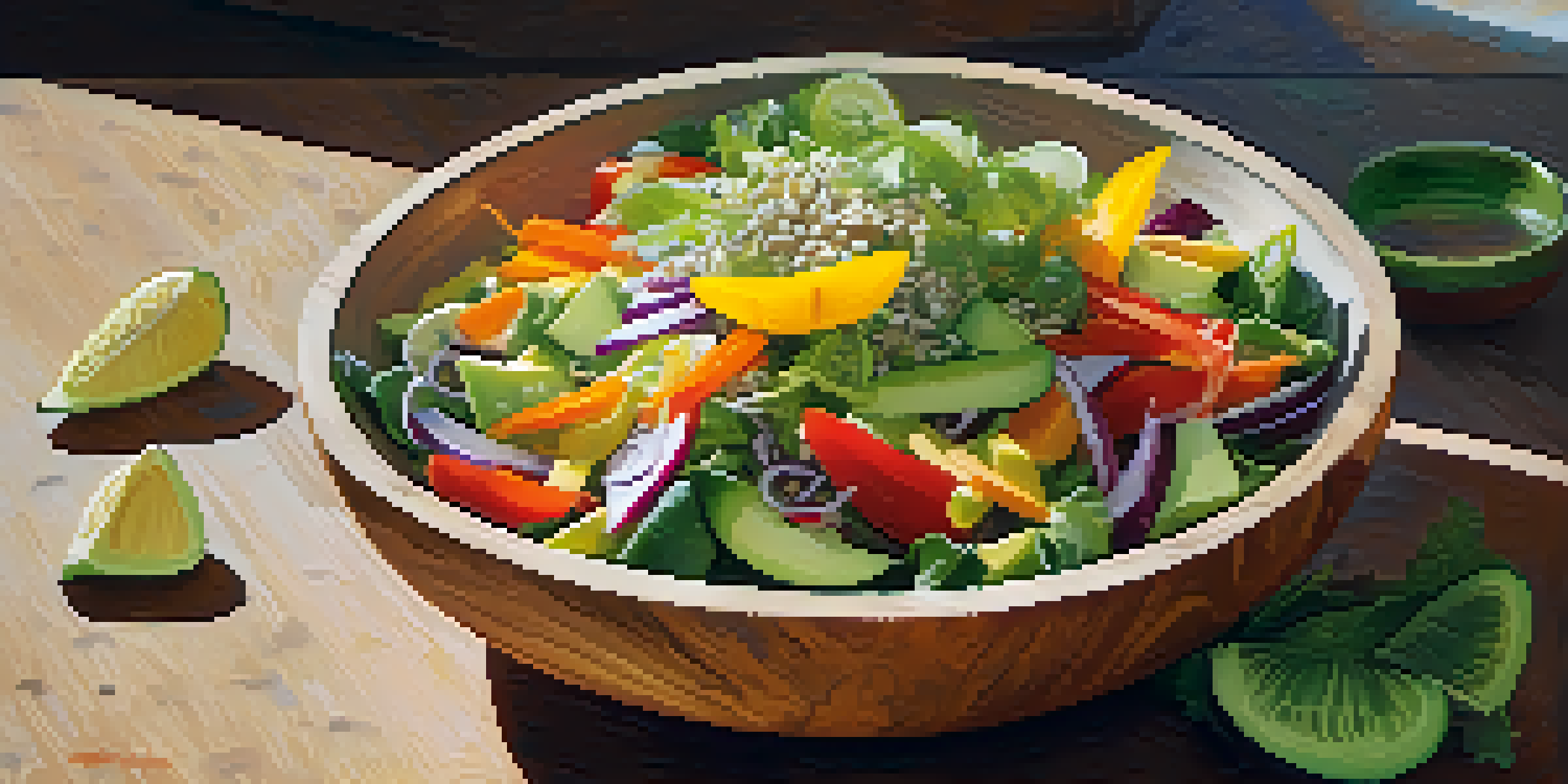 A colorful fresh veggie salad in a wooden bowl, showcasing leafy greens, bell peppers, carrots, cucumbers, and avocado slices, illuminated by sunlight.