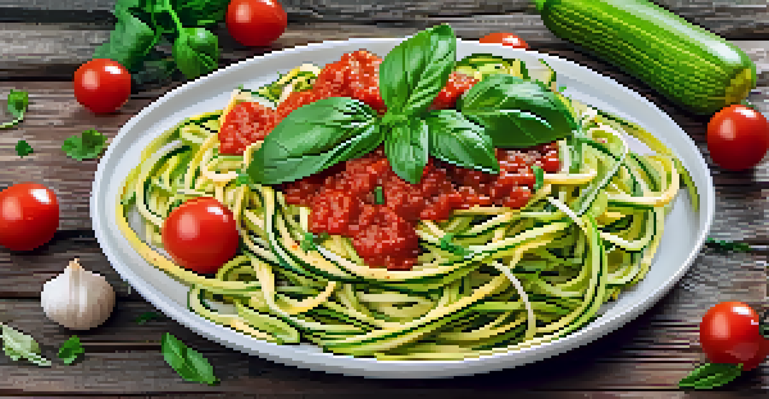 A plate of raw zucchini noodles topped with fresh tomato sauce and garnished with cherry tomatoes and basil, set against a rustic wooden background.