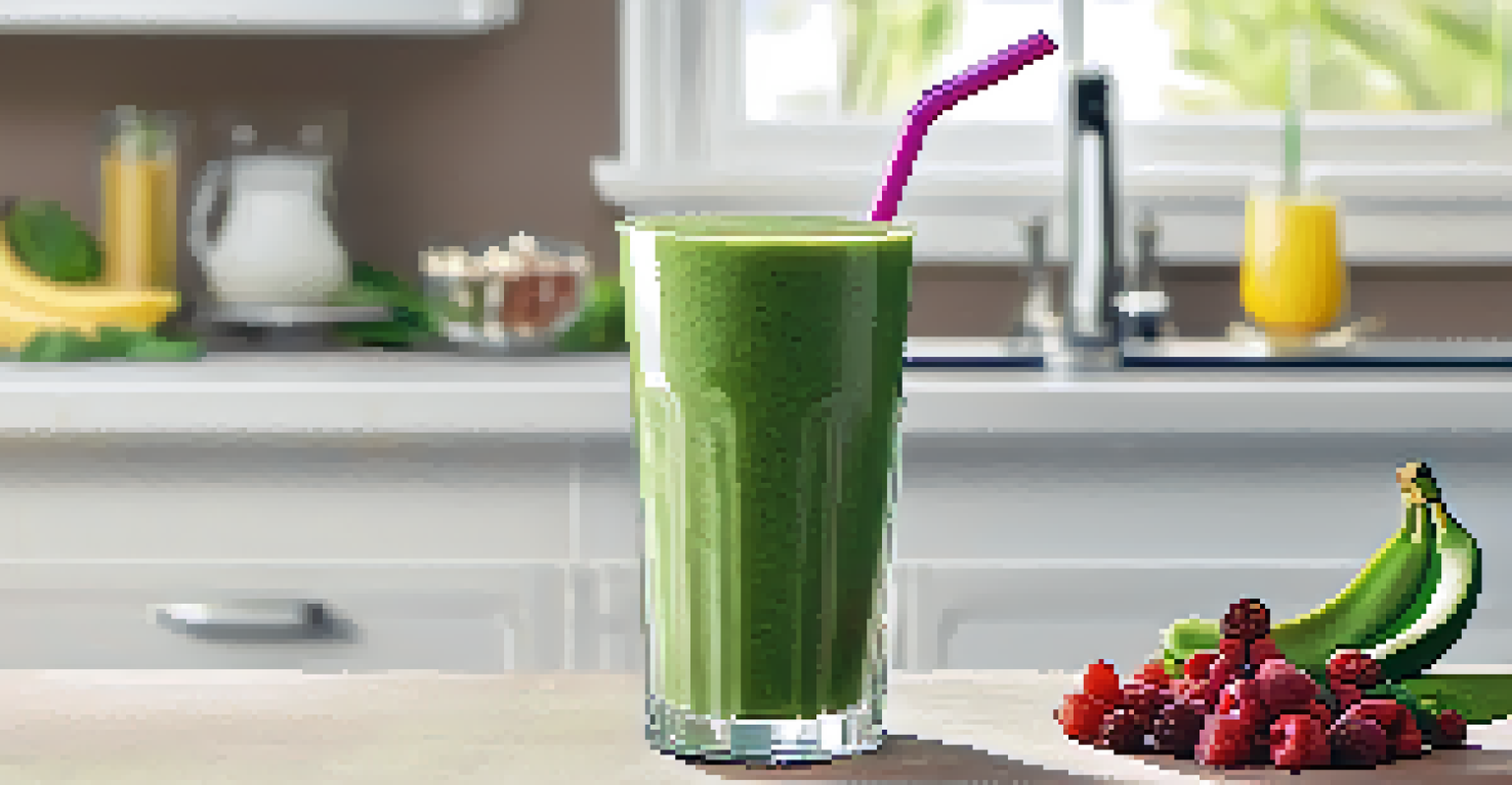 A glass of green smoothie made from spinach, bananas, and berries, set in a bright kitchen with natural sunlight.