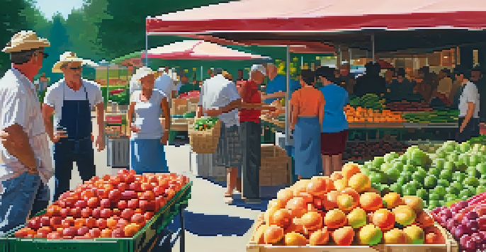 A bright farmers' market with fresh fruits and vegetables in baskets, sunlight illuminating the scene and farmers interacting with customers.