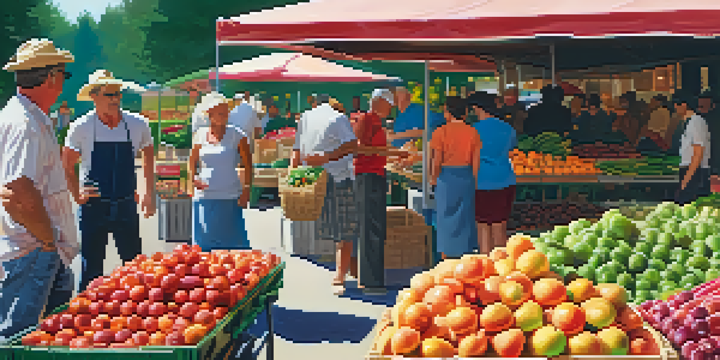 A bright farmers' market with fresh fruits and vegetables in baskets, sunlight illuminating the scene and farmers interacting with customers.