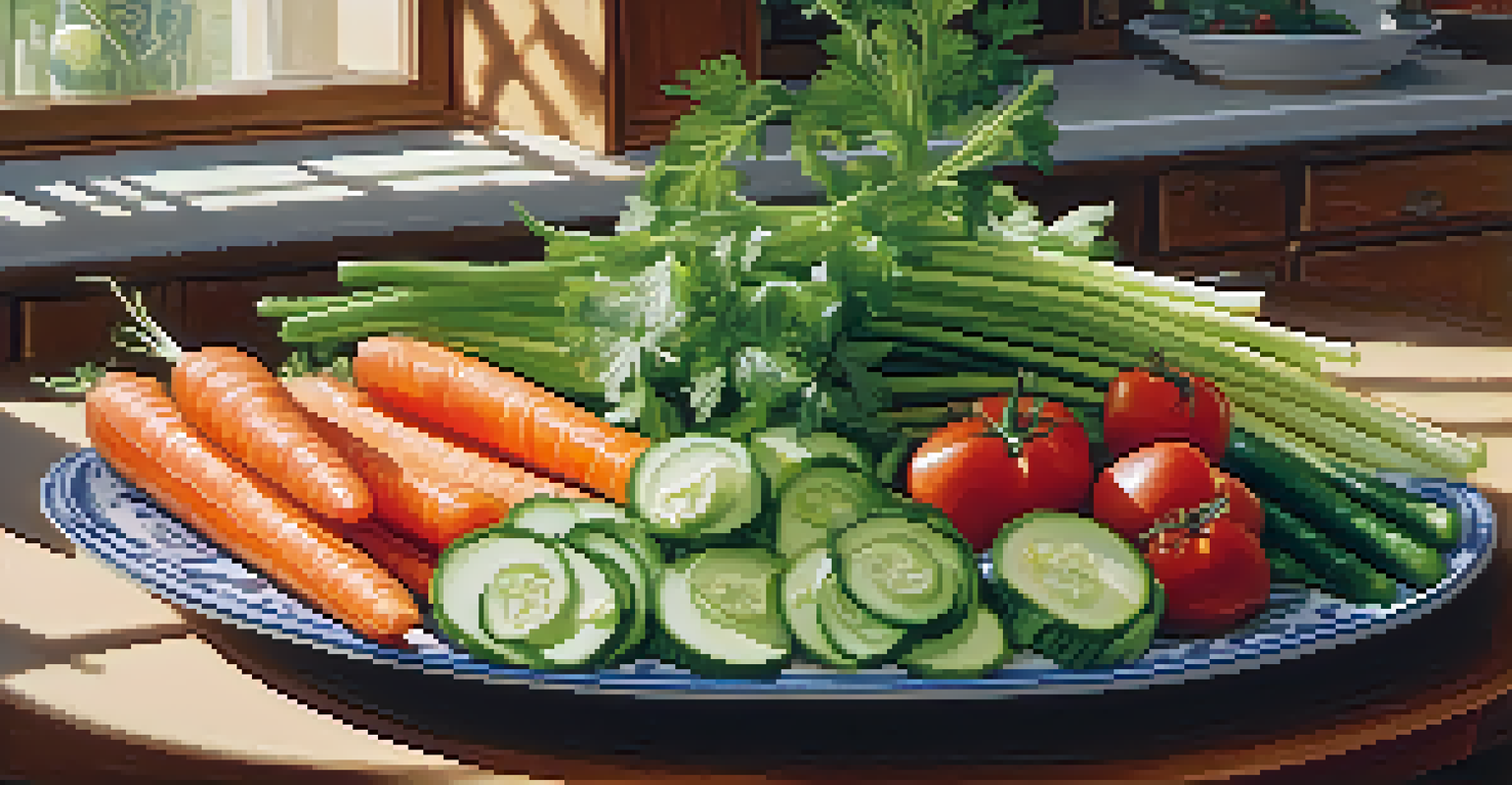 A platter of raw sliced vegetables including carrots, celery, and cucumber, accompanied by a bowl of hummus, set on a sunlit kitchen counter.