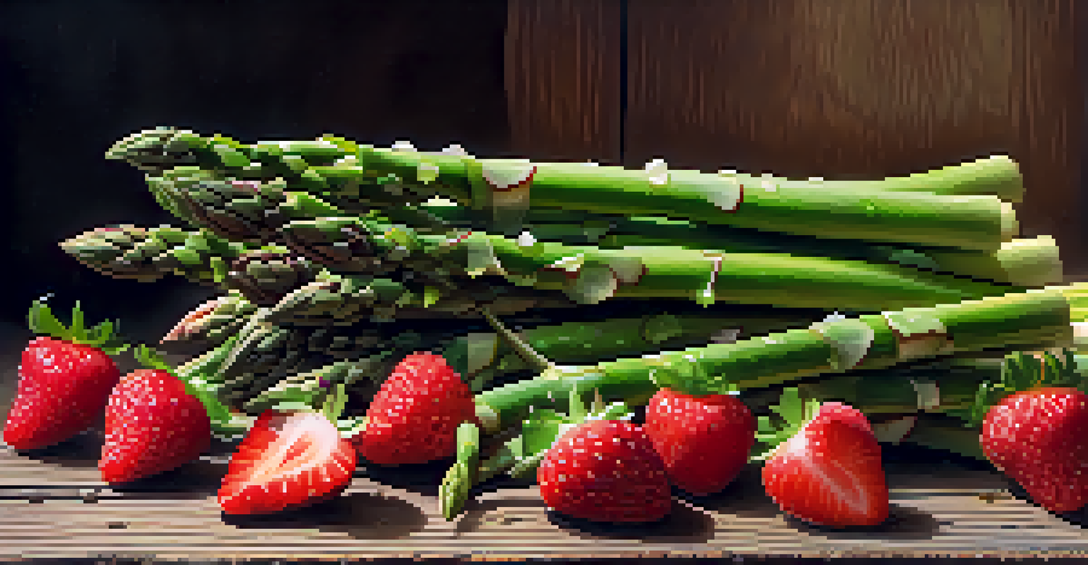 A close-up of fresh asparagus and strawberries on a rustic wooden table, highlighting their vibrant colors and textures.