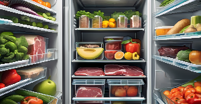 An organized refrigerator filled with colorful fruits, vegetables, and raw meats in labeled airtight containers, with a visible temperature display.