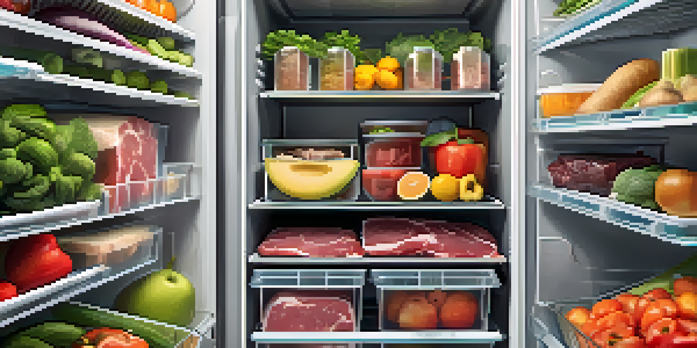 An organized refrigerator filled with colorful fruits, vegetables, and raw meats in labeled airtight containers, with a visible temperature display.