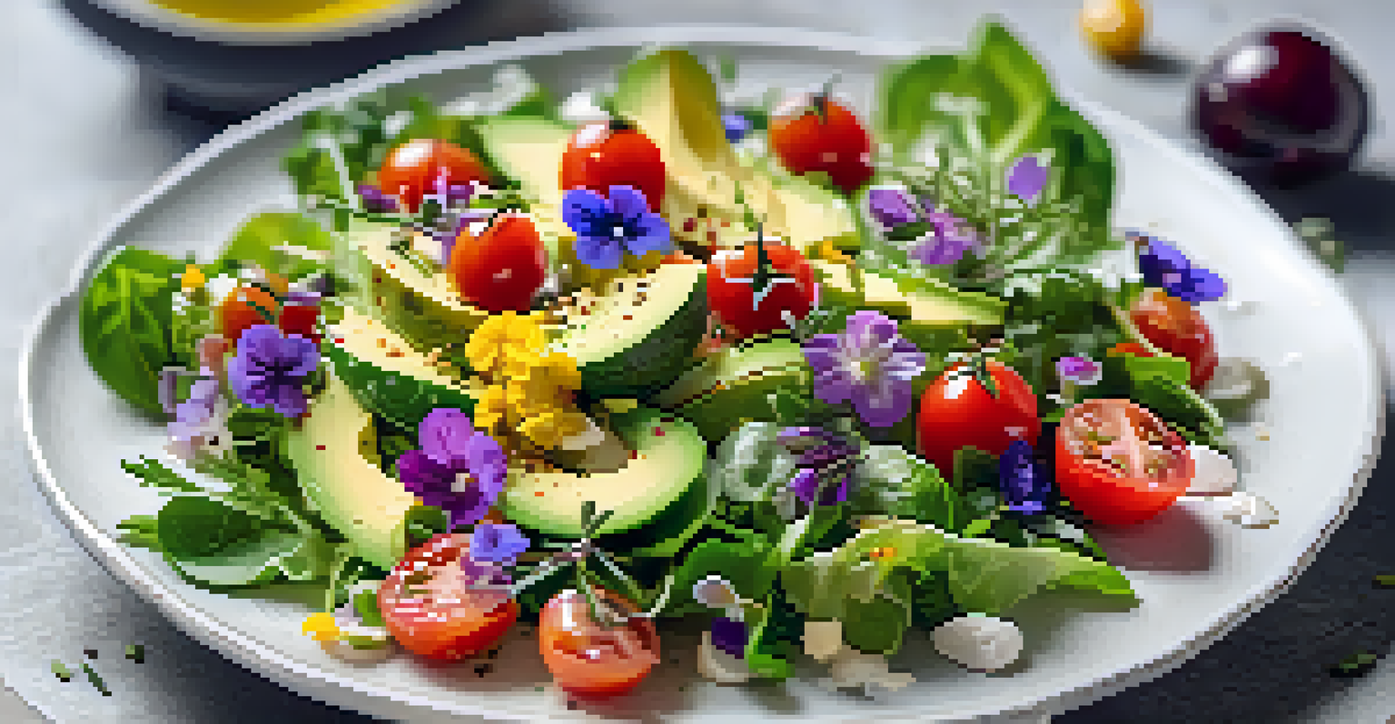 An overhead view of a colorful raw food salad with greens, avocado, cherry tomatoes, and edible flowers on a white plate in a bright kitchen.