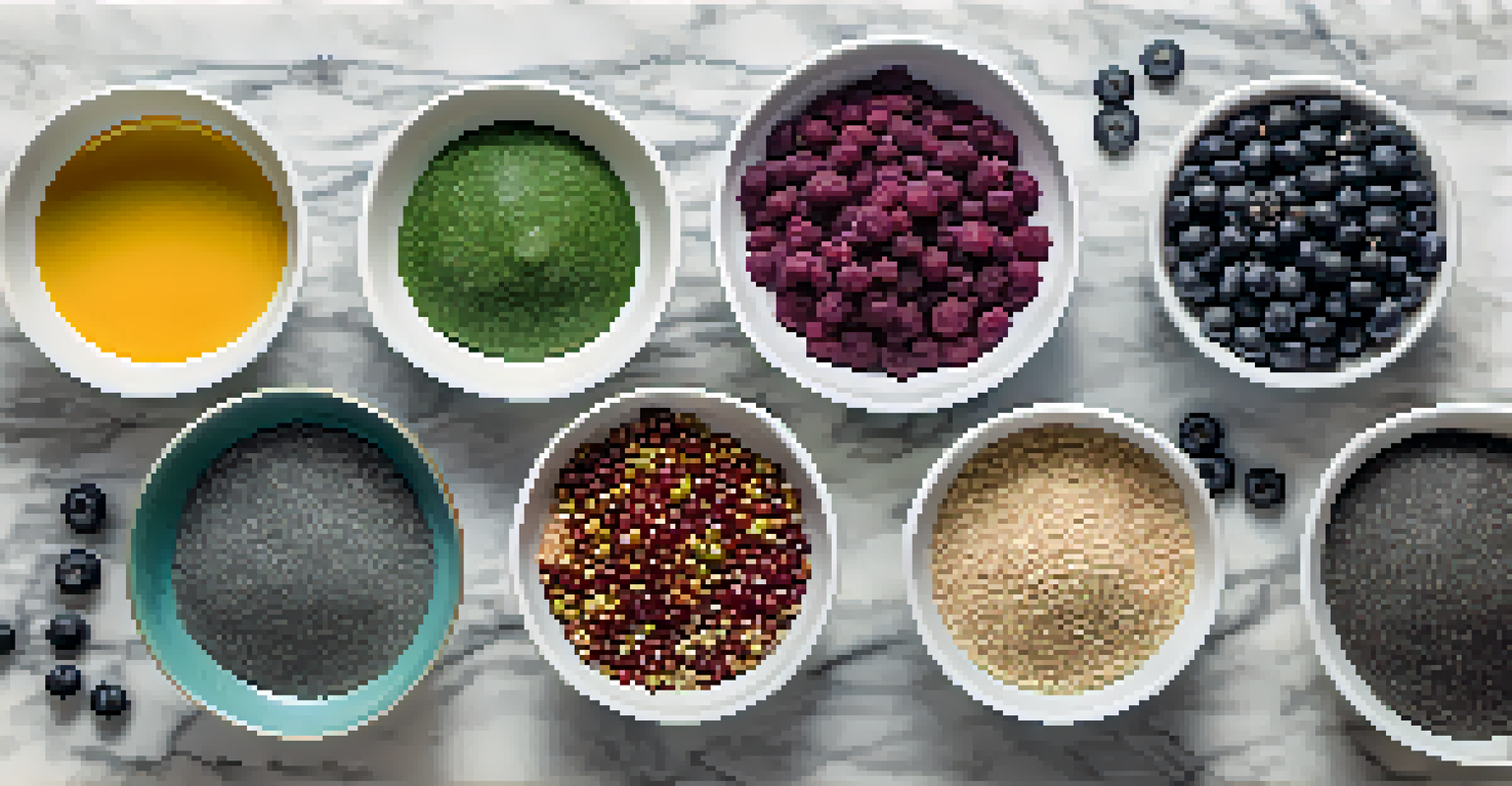 A collection of superfoods in bowls, including spirulina and acai berries, arranged on a marble countertop.