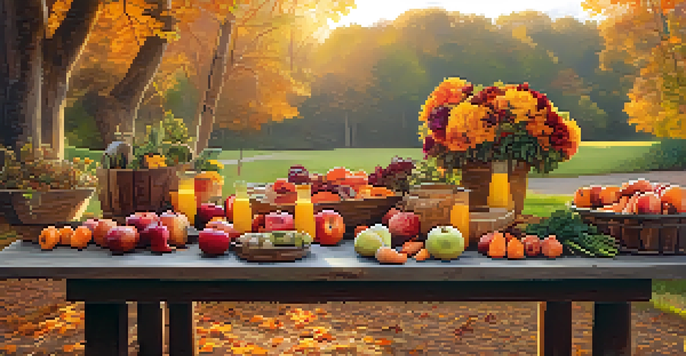 A rustic wooden table outside decorated with an assortment of autumn raw foods like apples, pears, and carrots, under trees with colorful fall leaves in warm sunlight.