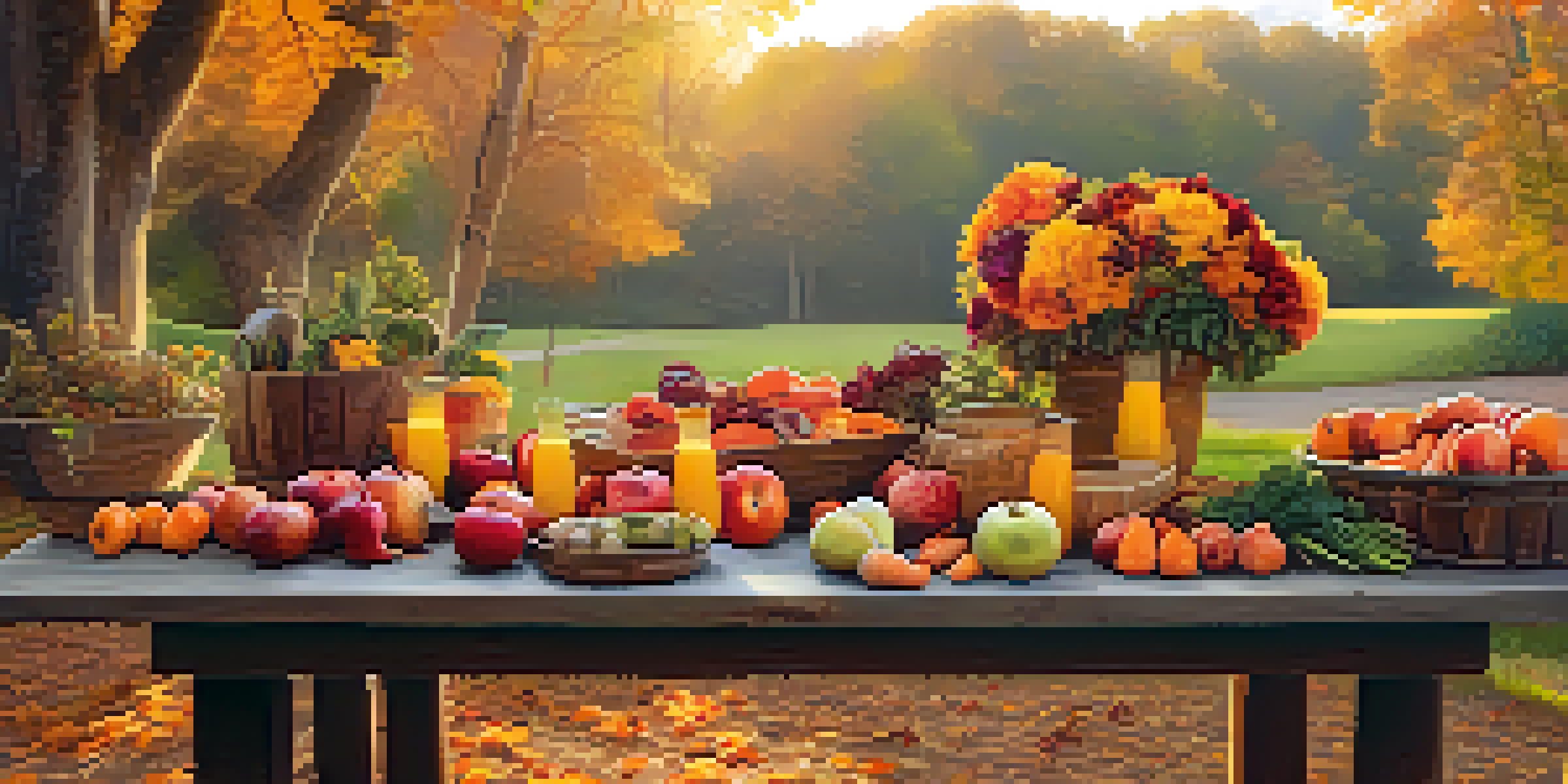 A rustic wooden table outside decorated with an assortment of autumn raw foods like apples, pears, and carrots, under trees with colorful fall leaves in warm sunlight.