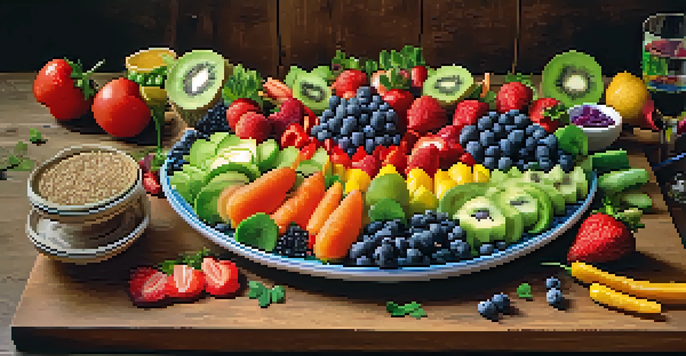 A beautifully arranged raw food platter featuring fresh fruits and vegetables on a wooden table, illuminated by soft natural lighting.