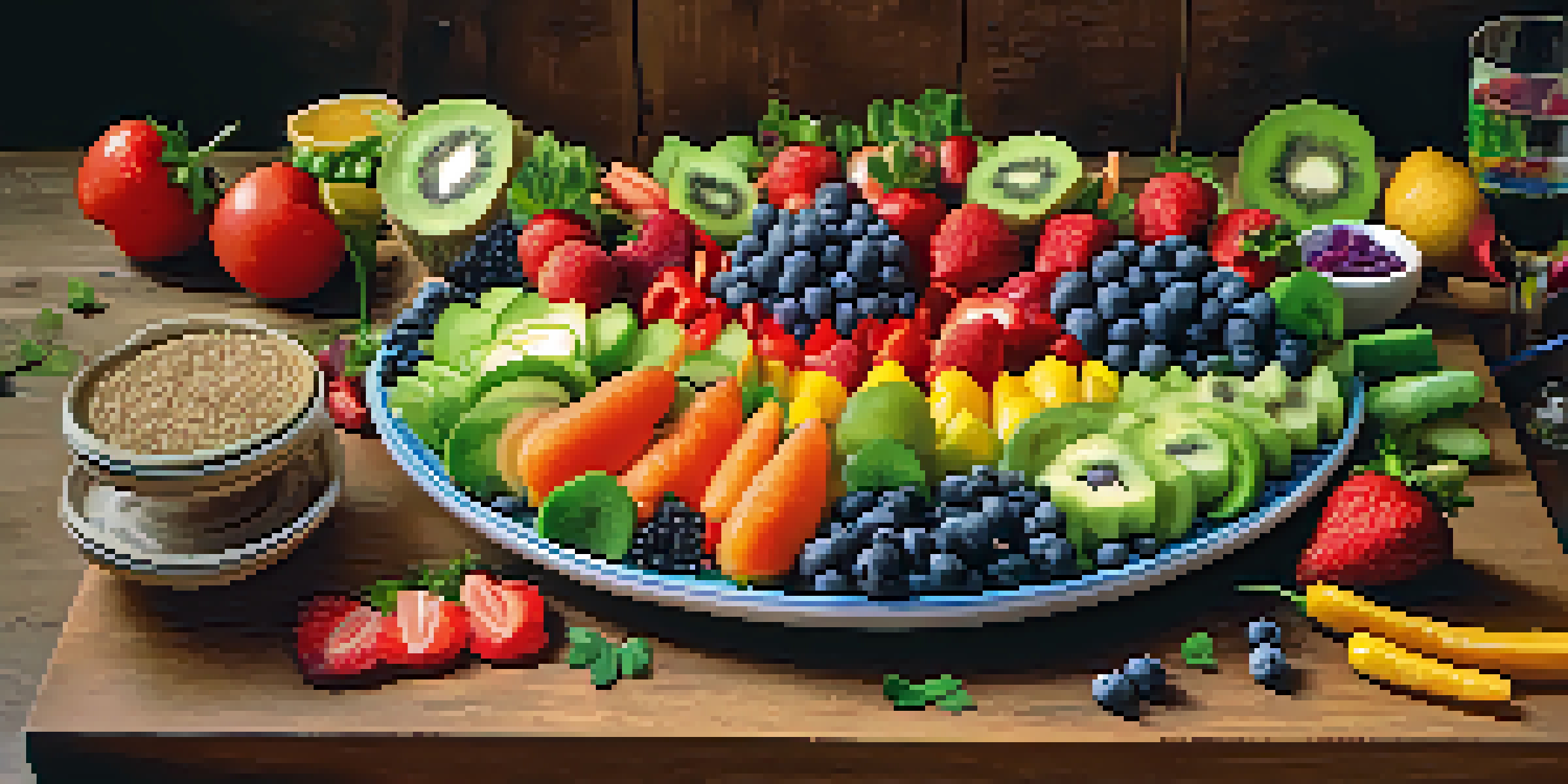 A beautifully arranged raw food platter featuring fresh fruits and vegetables on a wooden table, illuminated by soft natural lighting.