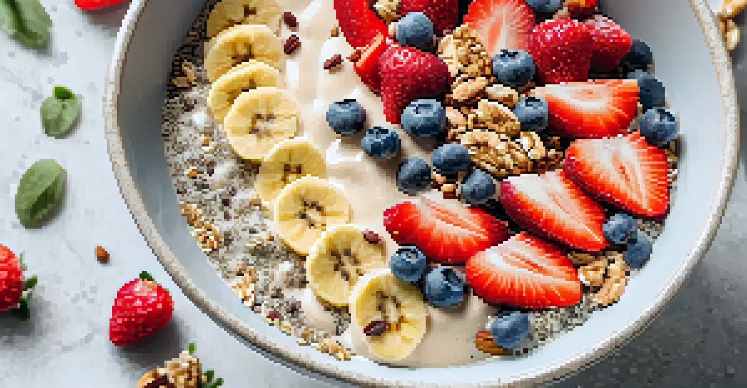 A close-up of a smoothie bowl with bananas and strawberries, topped with chia seeds and granola, set on a marble countertop.