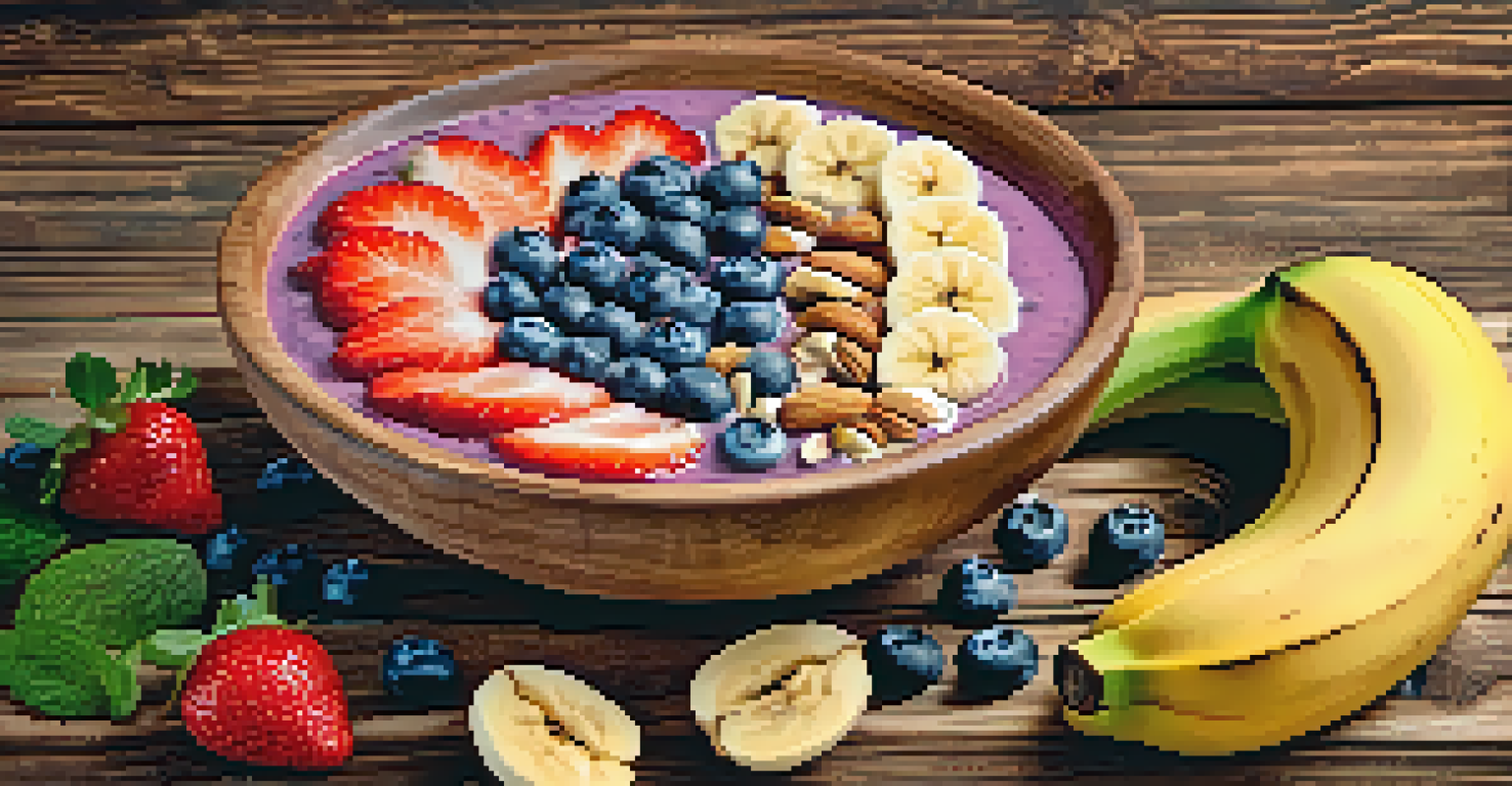A close-up of a colorful smoothie bowl topped with fresh fruits, nuts, and seeds, on a wooden table.