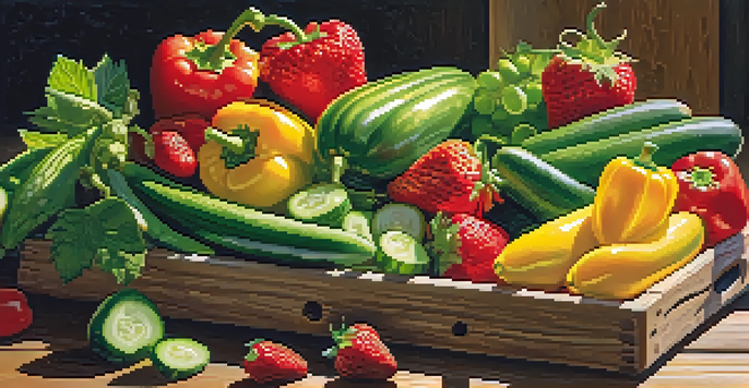 A colorful assortment of raw fruits and vegetables displayed on a wooden table, illuminated by sunlight.