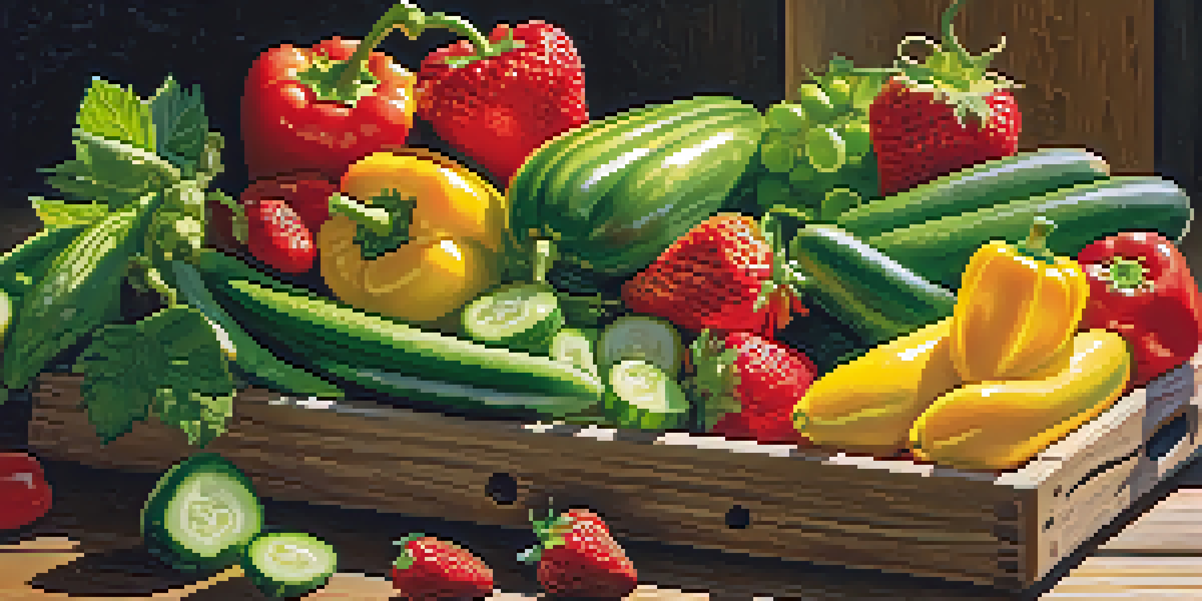 A colorful assortment of raw fruits and vegetables displayed on a wooden table, illuminated by sunlight.