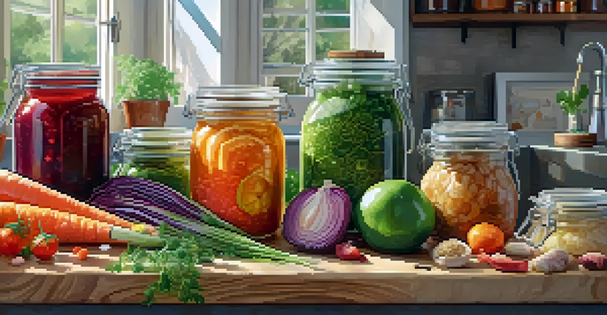 A bright kitchen countertop displaying various fermented raw foods like sauerkraut, kimchi, and kombucha, surrounded by fresh herbs and fruits.
