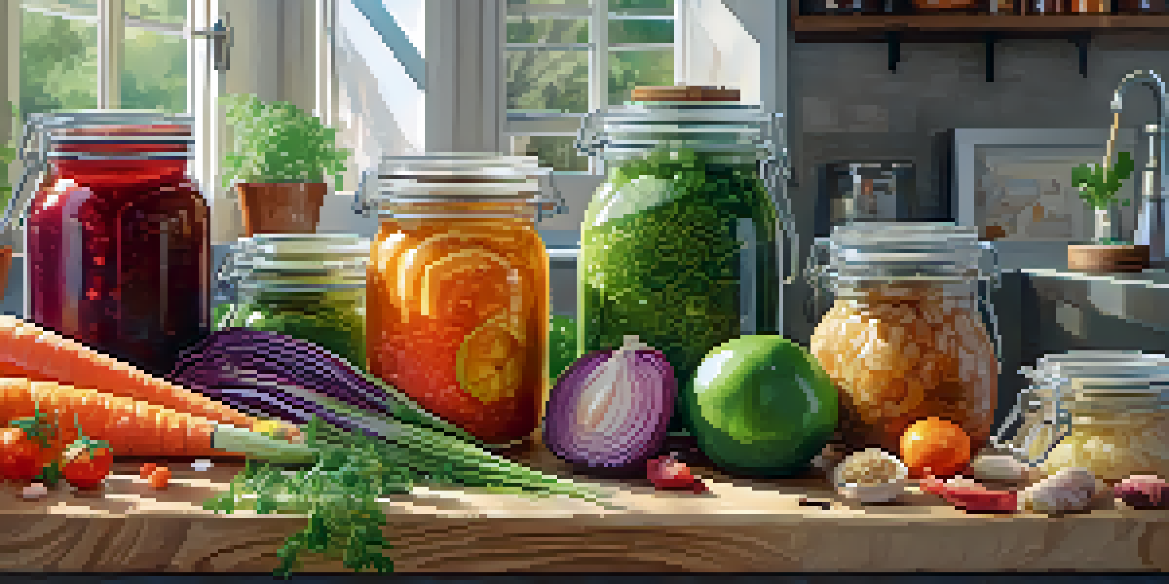 A bright kitchen countertop displaying various fermented raw foods like sauerkraut, kimchi, and kombucha, surrounded by fresh herbs and fruits.