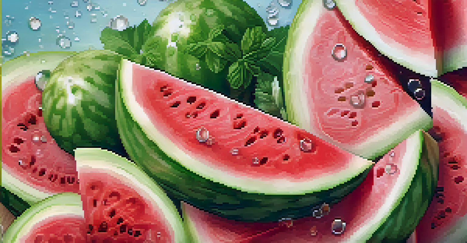 A close-up of a cucumber and watermelon salad with mint leaves, highlighting the freshness and textures.