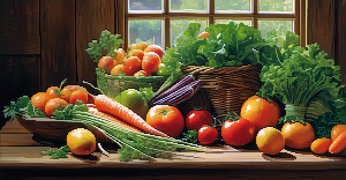 A colorful display of fresh raw vegetables and fruits on a wooden table, illuminated by soft natural light.