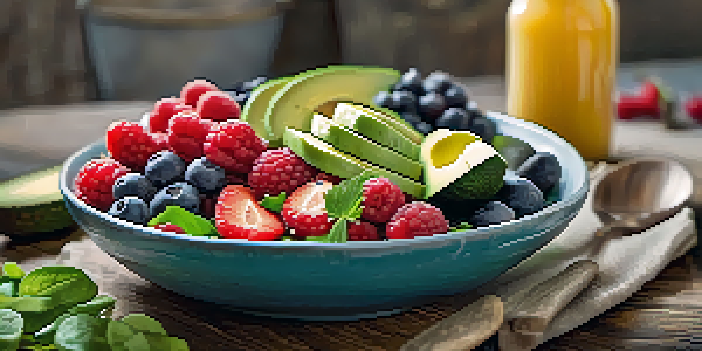 A colorful assortment of raw foods including berries, avocados, and a green salad on a wooden table, illuminated by soft natural light.