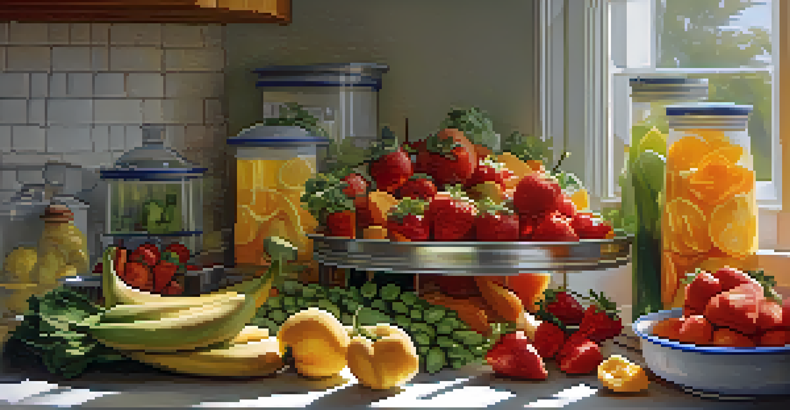 A kitchen scene with fresh fruits and vegetables arranged on a dehydrator tray, showcasing the dehydration process.
