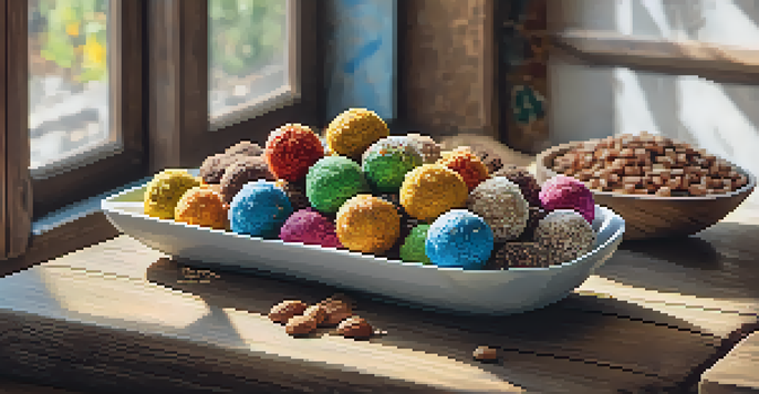 A variety of colorful homemade energy balls displayed on a wooden table, surrounded by ingredients like oats and honey, with soft light illuminating the scene.
