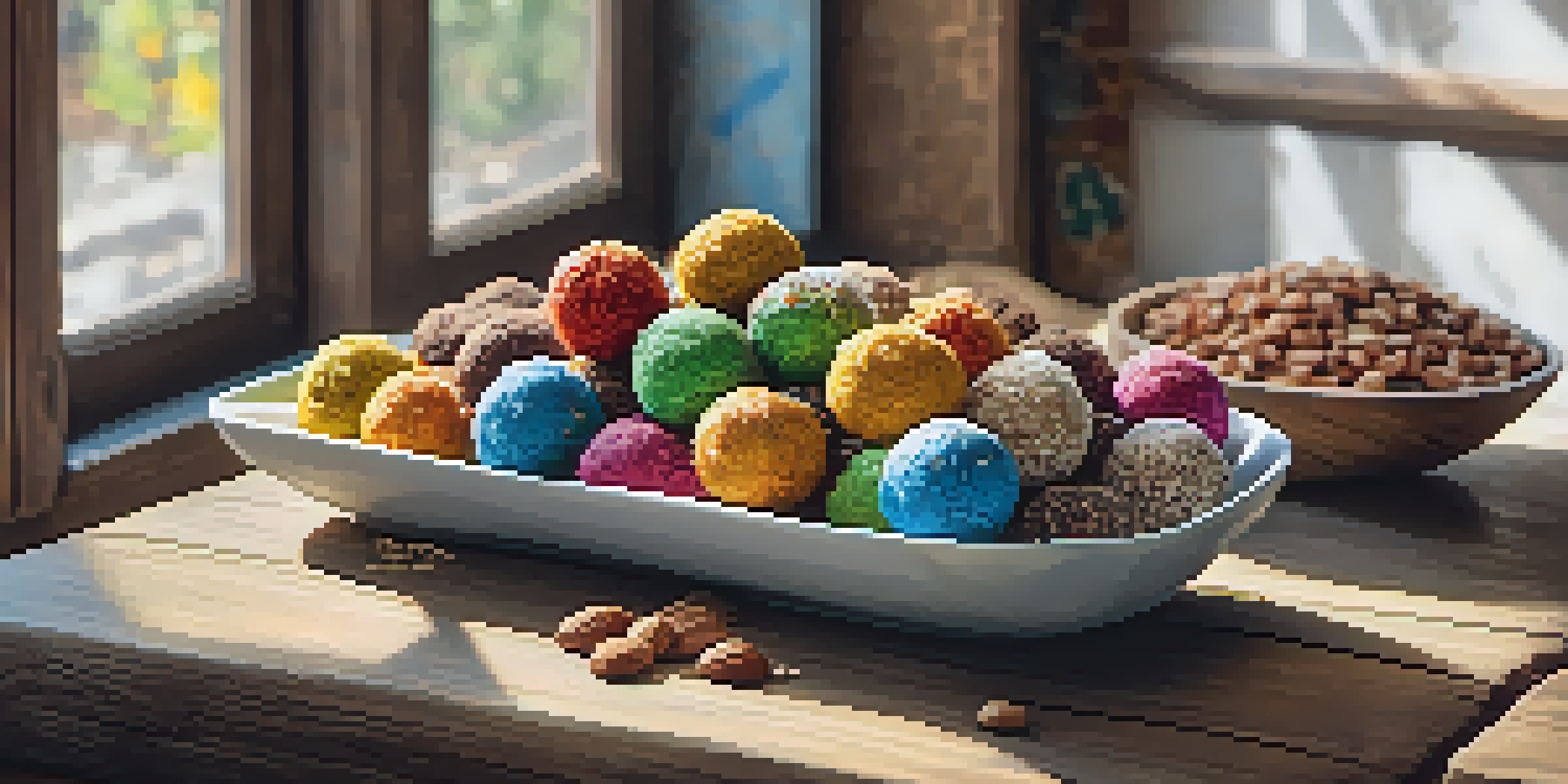 A variety of colorful homemade energy balls displayed on a wooden table, surrounded by ingredients like oats and honey, with soft light illuminating the scene.