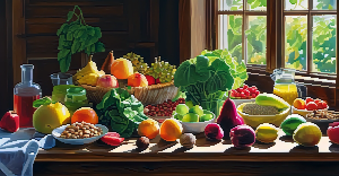 A colorful assortment of raw foods such as fruits, leafy greens, nuts, and seeds, arranged on a wooden table with sunlight streaming in.