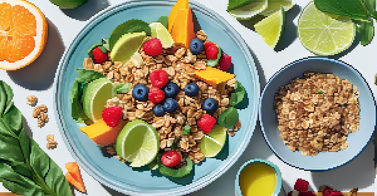 A flat lay of simple raw food recipes, displaying raw granola, fruit salad, and vegetable wraps on a bright surface.