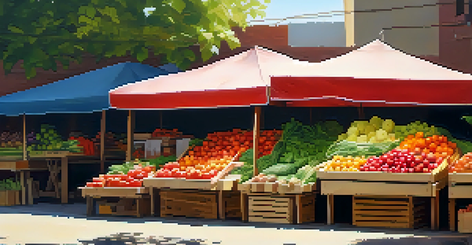 A lively market stall filled with colorful fresh fruits and vegetables under natural sunlight.