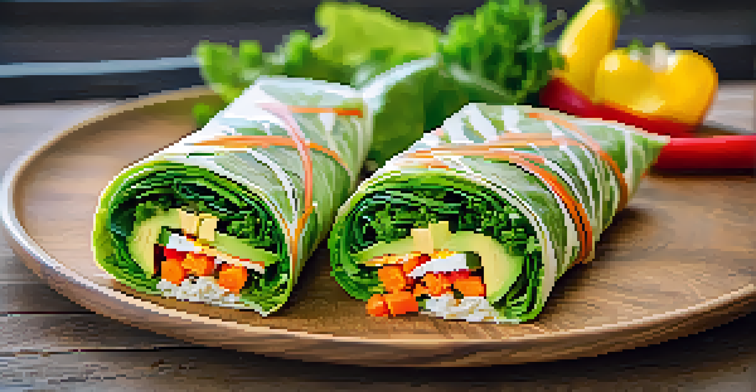 A raw veggie wrap made with lettuce, carrots, bell peppers, and avocado on a rustic plate.