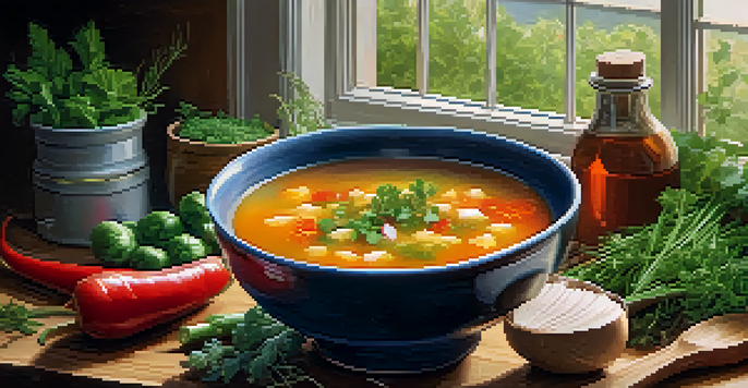 A warm bowl of vegetable soup on a wooden countertop, with fresh herbs and vegetables around it.
