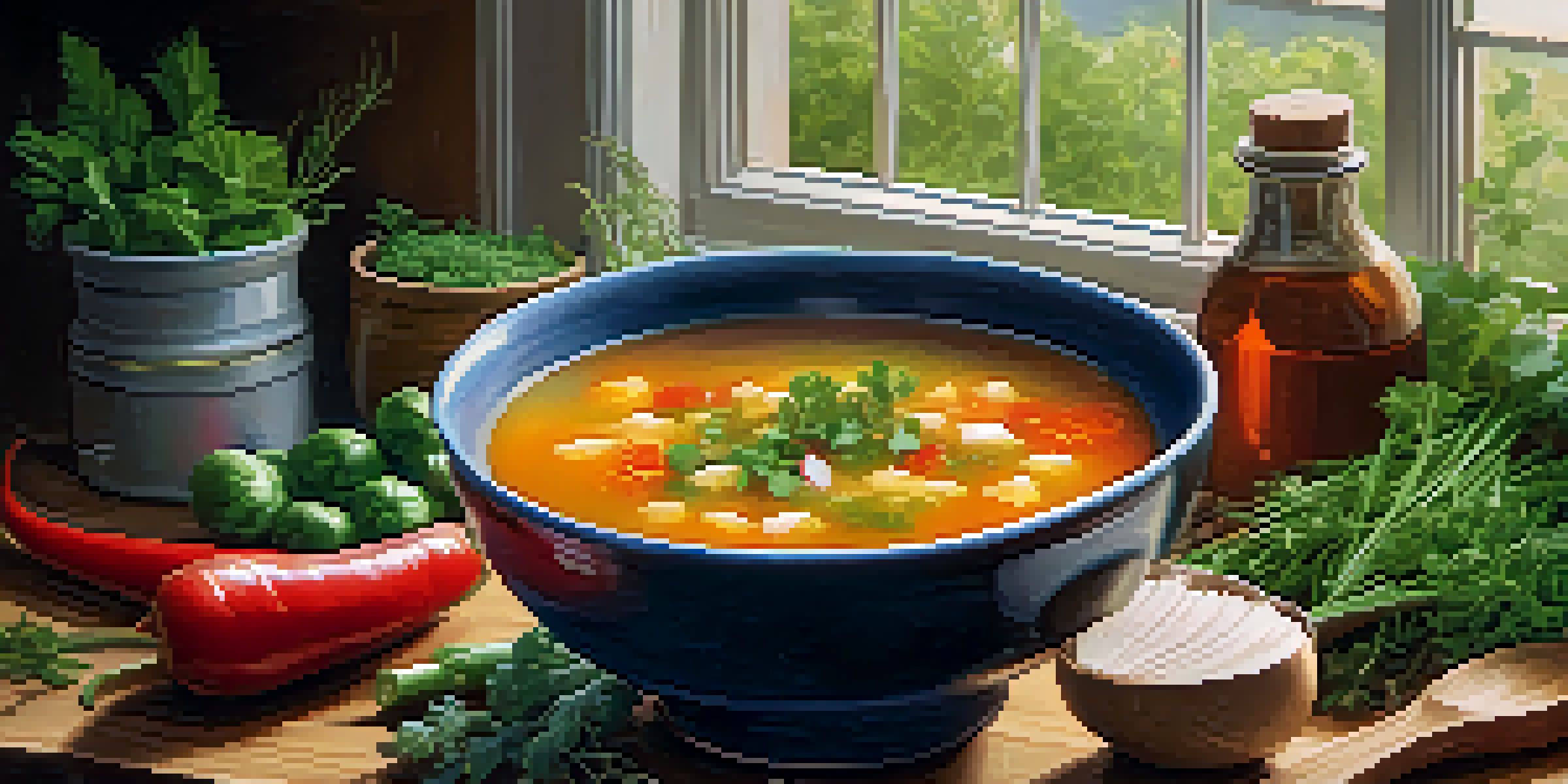 A warm bowl of vegetable soup on a wooden countertop, with fresh herbs and vegetables around it.