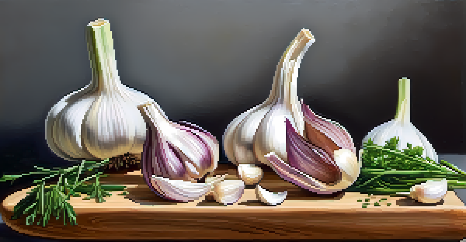 A close-up of raw garlic cloves on a cutting board, with fresh herbs and a grater in the background.