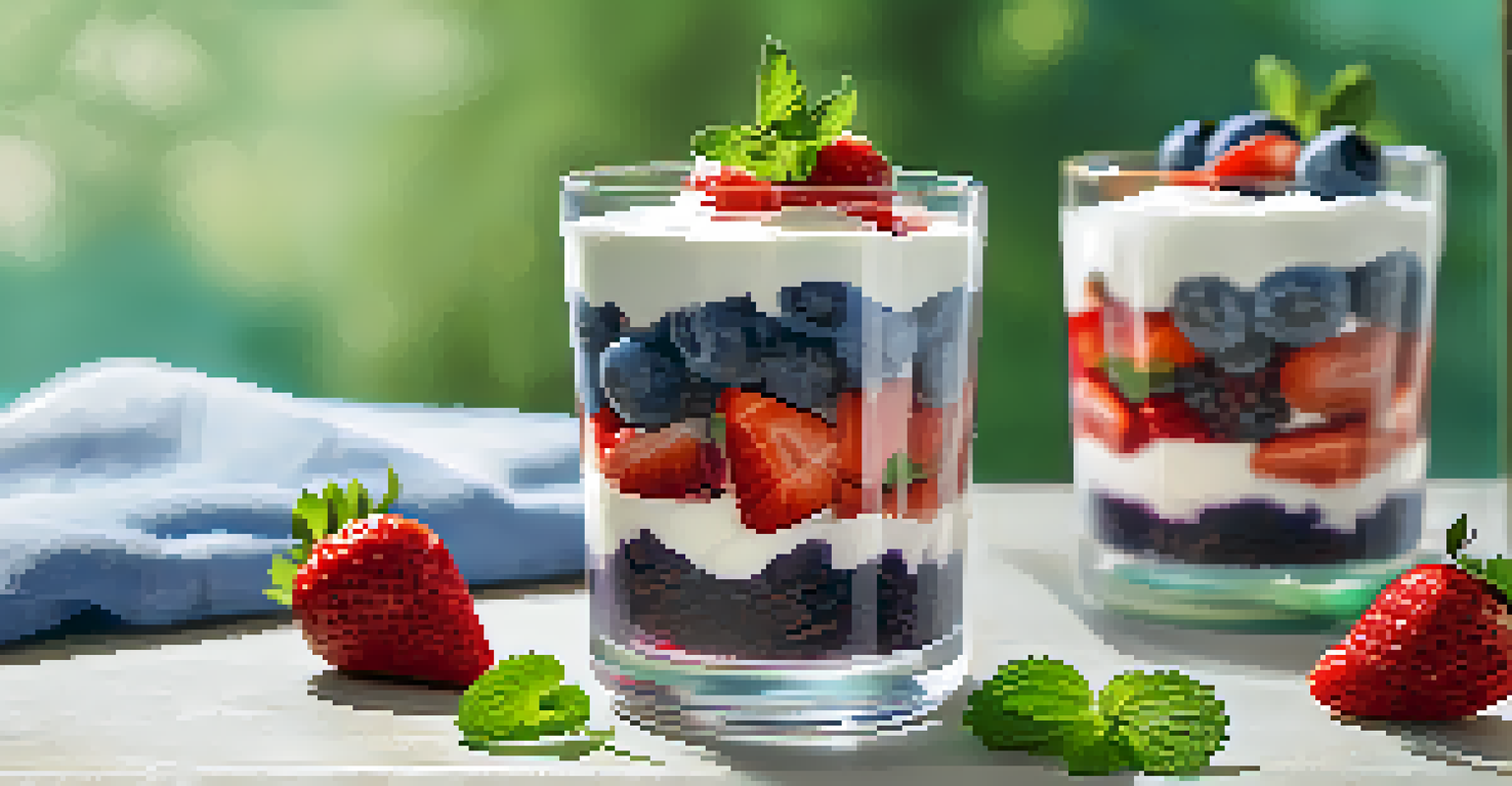A colorful berry parfait with layers of strawberries, blueberries, and coconut yogurt, garnished with mint, in a clear glass.