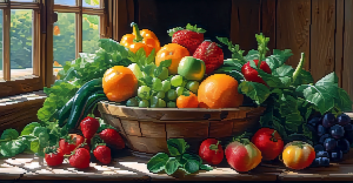 A still life of fresh fruits and vegetables on a wooden table, showcasing bright colors and textures under soft natural lighting.