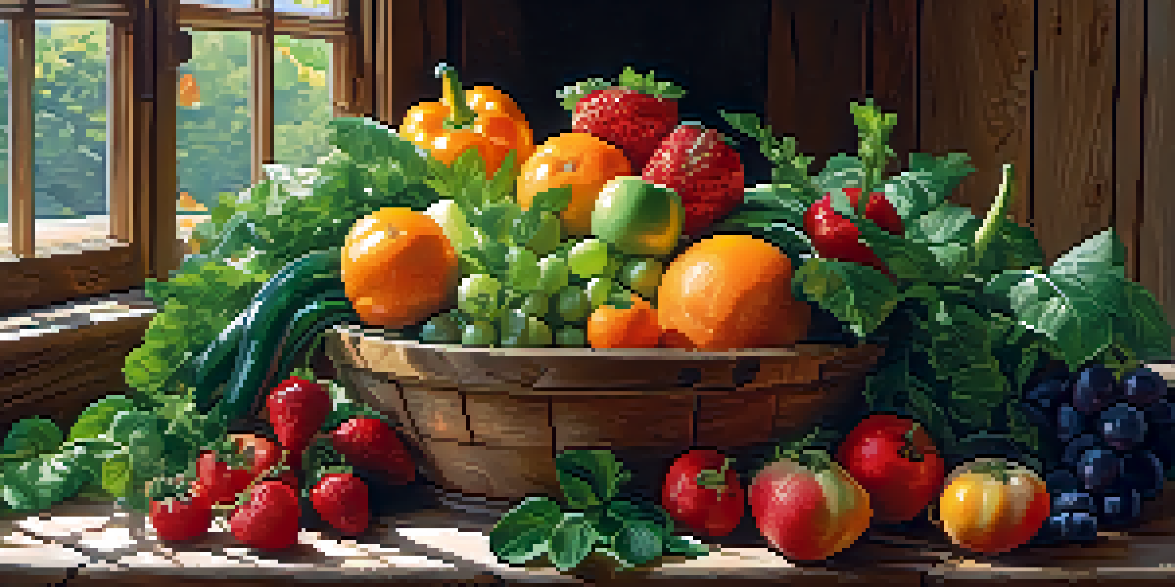 A still life of fresh fruits and vegetables on a wooden table, showcasing bright colors and textures under soft natural lighting.