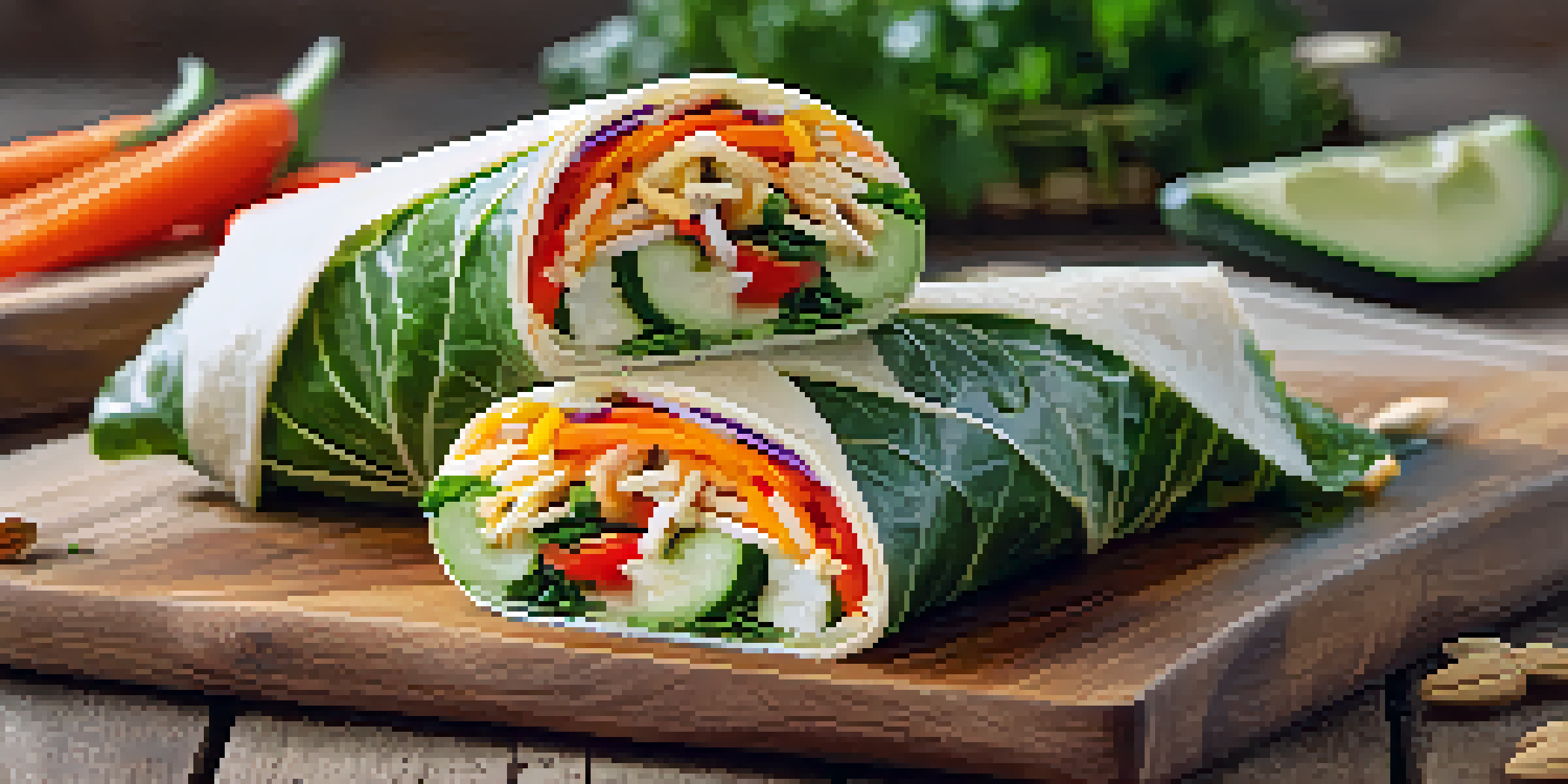 A colorful rainbow veggie wrap made with collard greens, filled with hummus, carrots, bell peppers, cucumbers, and sunflower seeds, placed on a wooden table.