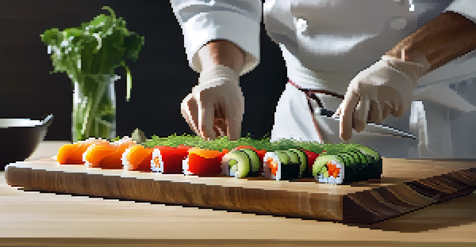 A close-up of a chef making a raw sushi roll with fresh vegetables and seaweed on a wooden cutting board in a minimalist kitchen.