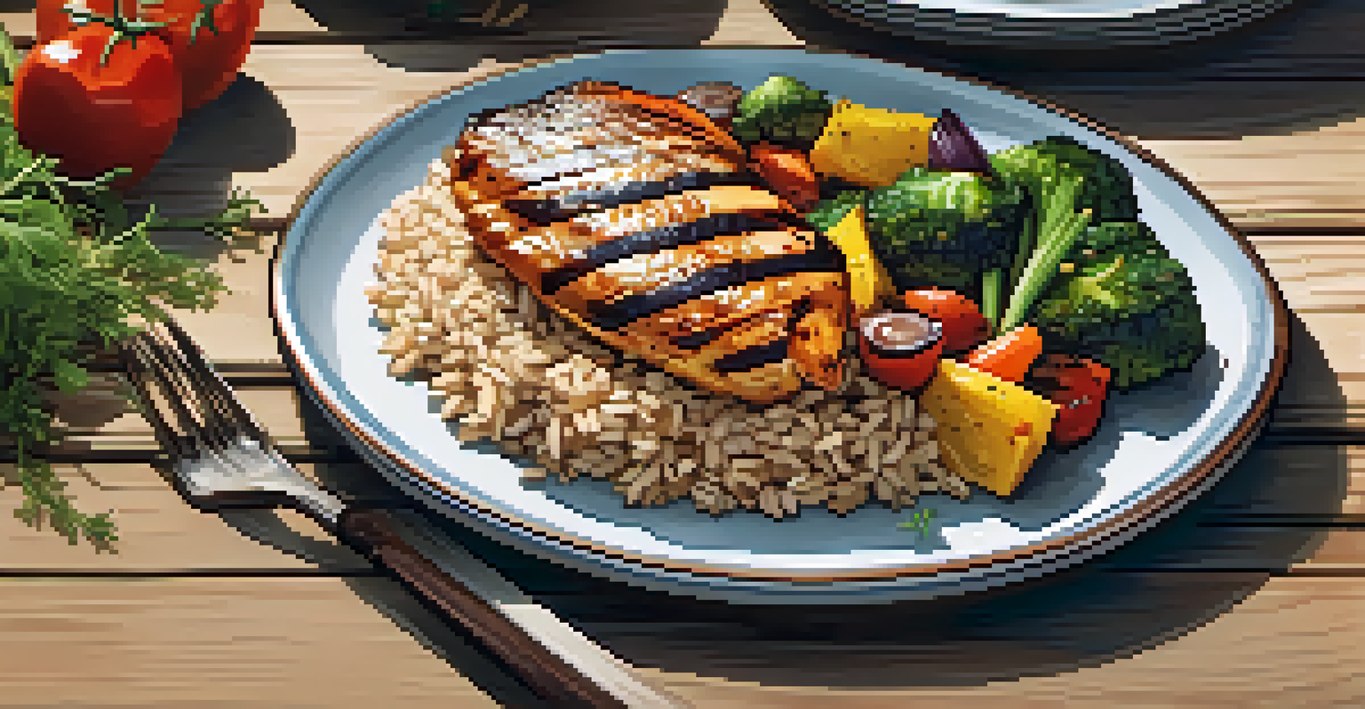A delicious plate of organic brown rice, roasted vegetables, and grilled chicken, artfully arranged on a rustic wooden table with natural lighting.