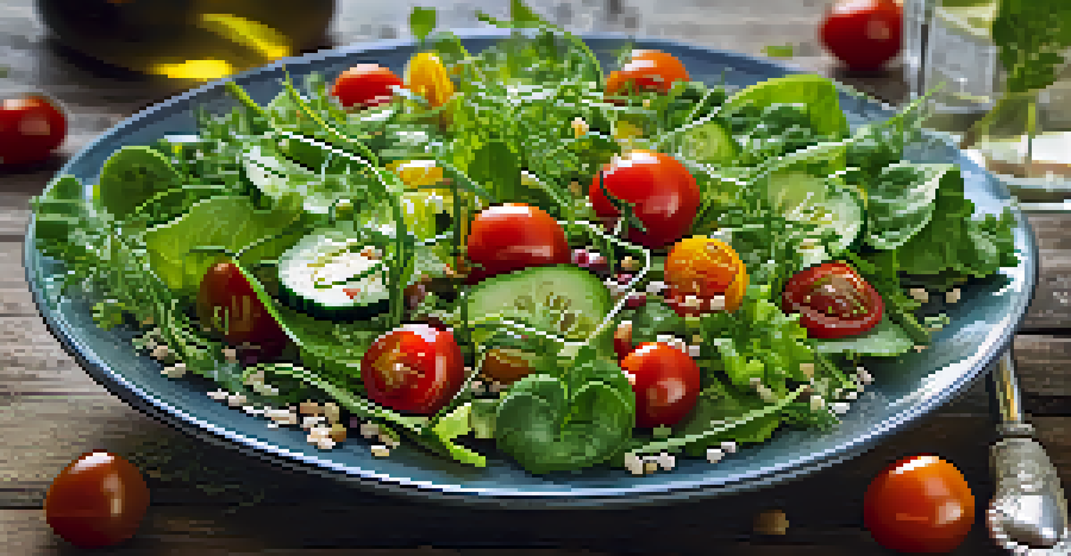 A close-up of a vibrant raw salad bowl with mixed greens, tomatoes, and cucumbers on a rustic table.