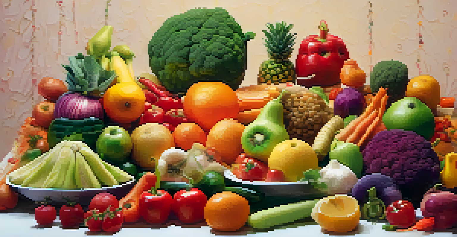 A vibrant food art display made by children, showcasing creative designs using raw fruits and vegetables in a playful and colorful arrangement.