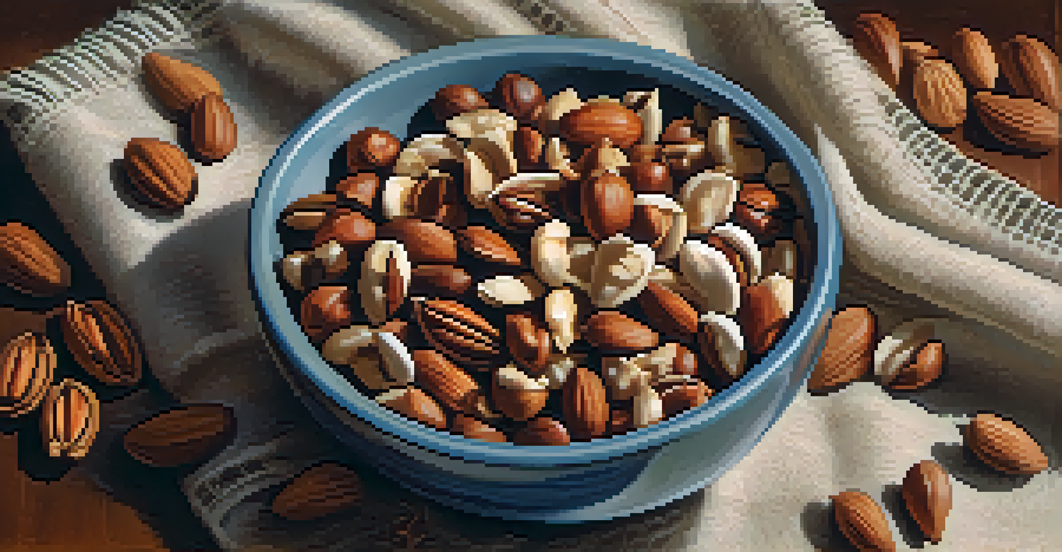 A bowl of raw nuts and seeds lightly seasoned, placed on a linen cloth with warm lighting.