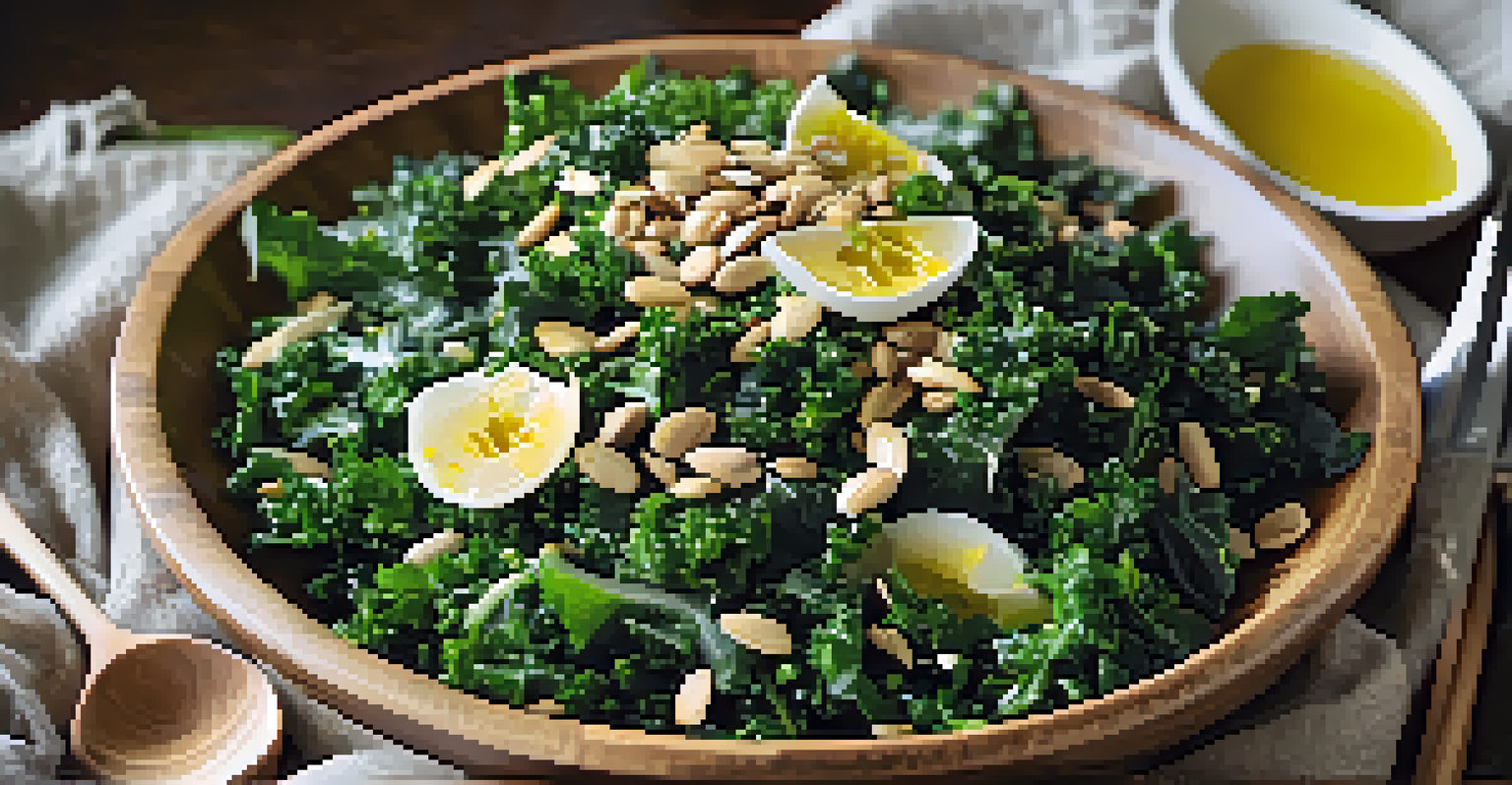 A large bowl of kale salad with nutritional yeast, olive oil, lemon juice, and sunflower seeds, on a linen cloth.