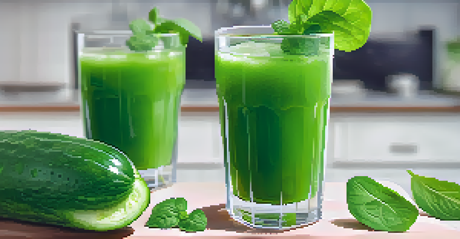A tall glass of cucumber and spinach juice with ice and mint, set on a kitchen table with fresh cucumbers and spinach leaves in the background.