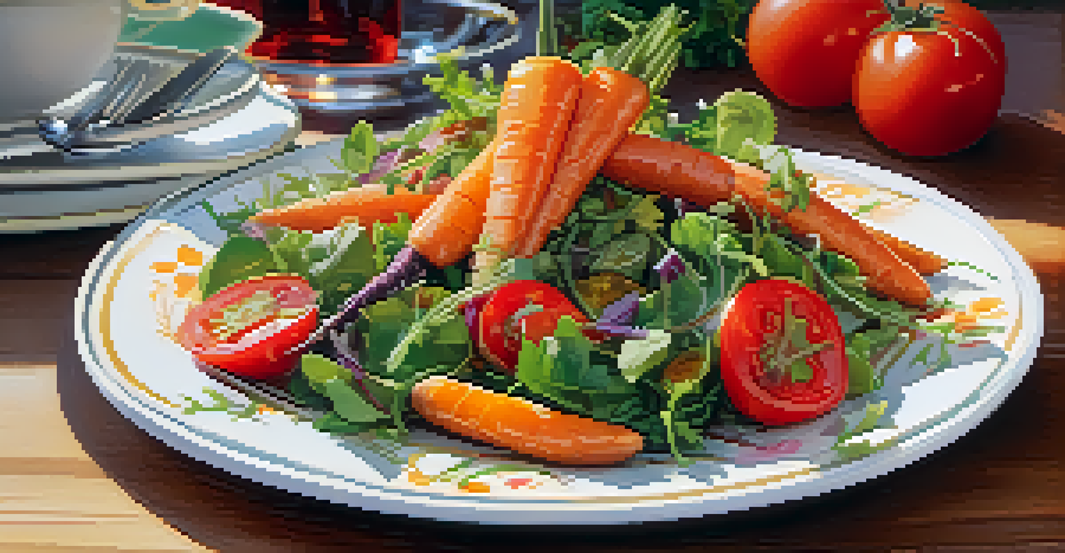 A close-up of a plate with a colorful salad of raw vegetables and a warm dish of roasted carrots and tomatoes, highlighting their textures and colors.
