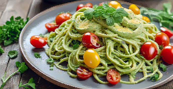 A plate of raw zucchini pasta with avocado sauce and nutritional yeast, garnished with herbs and cherry tomatoes on a wooden table.